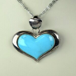 Estate SX Hallmark Sterling Silver & Turquoise Heart Love 3D Pendant! 83